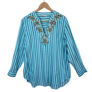 Soft Surroundings Tortola Beaded Tunic Sz LP Striped Coastal Cotton Boho Resort